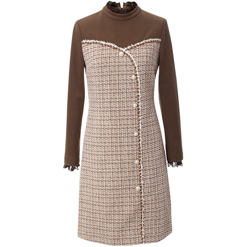 OUNIXUE欧昵雪 | [假两件呢子裙]秋冬季花边拼接立领编织毛呢修身连衣裙女