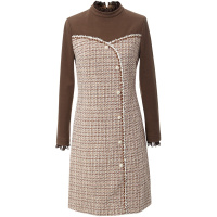 OUNIXUE欧昵雪 | [假两件呢子裙]秋冬季花边拼接立领编织毛呢修身连衣裙女