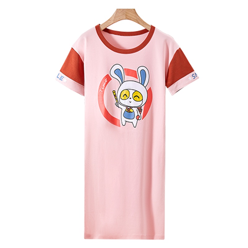 ENK可爱卡通薄款舒适圆领短袖T恤长裙连衣裙女士睡裙睡衣家居服