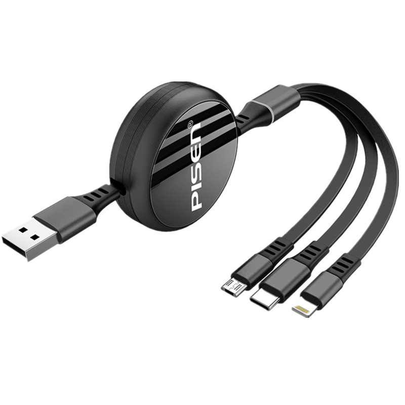 品胜(PISEN)三合一伸缩充电数据线手机连接线1.2米黑色适用苹果iPhone13 12安卓华为TYPEC小米OPPO