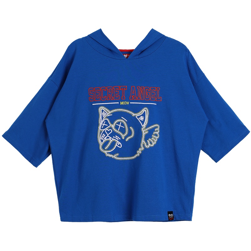 a02商场同款个性有趣卡通刺绣连帽宽松短袖T恤女D1U2C0441KT