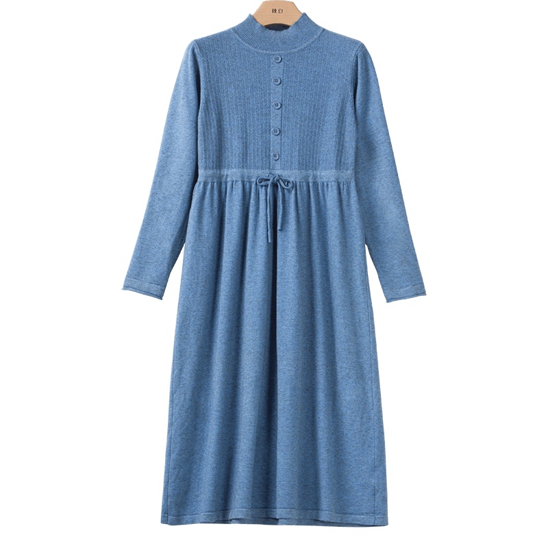 晚白 2020春季新品休闲纯色修身收腰立领长袖毛衣裙针织裙连衣裙女