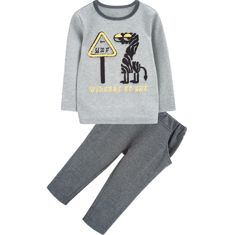 婴姿坊男童休闲圆领长袖休闲T恤童装两件套 花灰 80-120cm