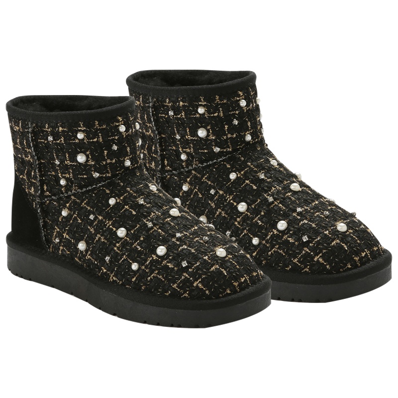 澳洲发货-OZWEAR冬季乔西镶珍珠水钻女款低筒花呢羊毛一体雪地靴女士靴子 OZW206/ob606