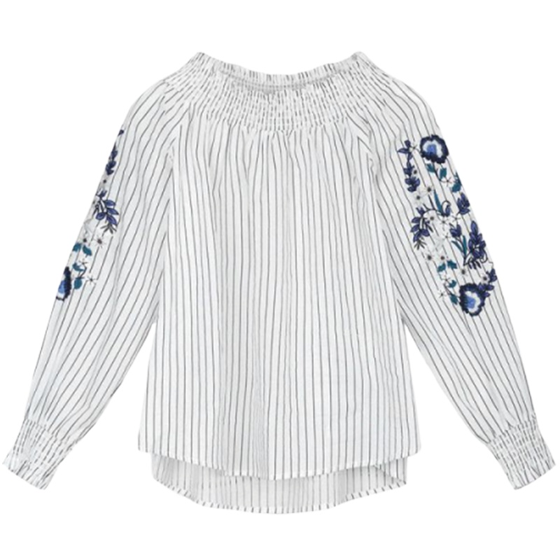 拉夏贝尔La Babite夏季衬衫女竖条纹刺绣一字领露肩性感上衣宽松长袖60006132