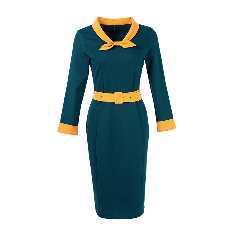 晚白2019春季新品通勤圆领收腰显瘦中长款包臀裙长袖职业连衣裙女