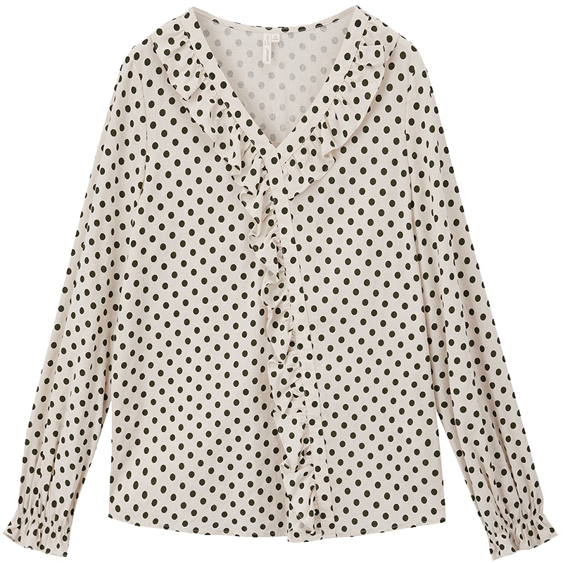 茵曼梨涡 法式V领荷叶边衬衣复古文艺波点衬衫女长袖2019秋季新款
