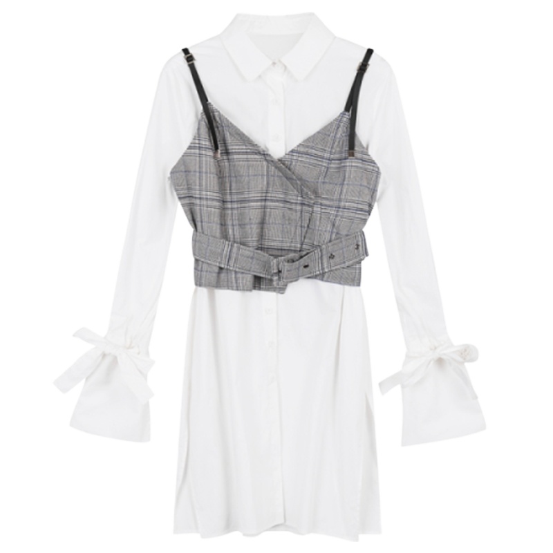 拉夏贝尔衬衣马甲两件套女长袖春装新款韩版中长款衬衫设计感10015658