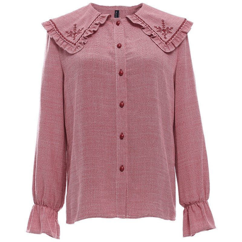 欧昵雪木耳边绣花文艺复古翻领长袖衬衫女喇叭袖衬衣