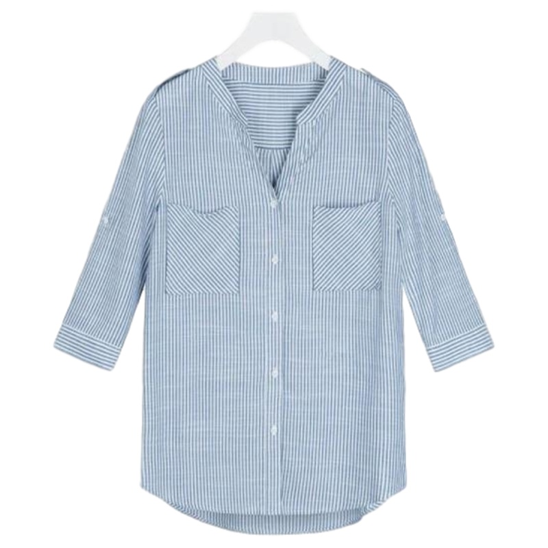 拉夏贝尔蓝色条纹衬衫女夏季新款V领韩范七分袖衬衣复古港味寸衫