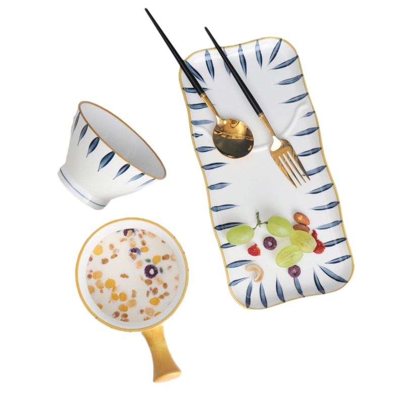 贝瑟斯 百草风茂早餐三件套日式釉下彩陶瓷碗碟套装可微波炉