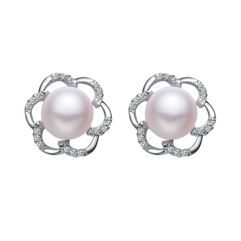京润珍珠 盛放 9-10mm馒头珠 白色饱满淡水珍珠耳钉耳饰 S925银镶 银泰同款