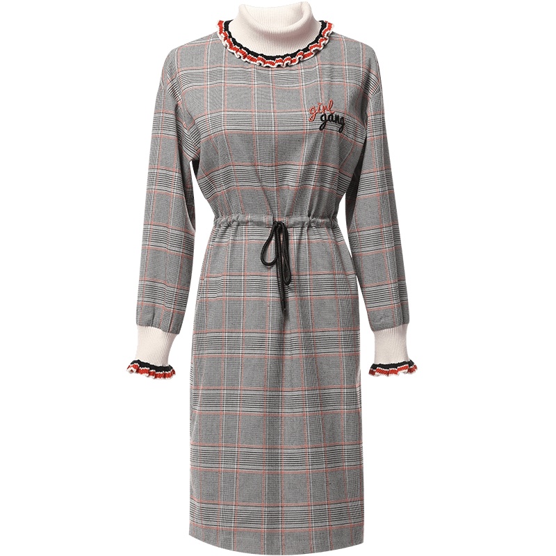 欧昵雪秋装木耳半高领套头收腰字母绣花格子连衣裙女长袖