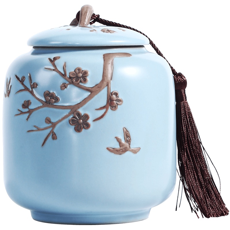 領藝 茶叶罐中式大号陶瓷储茶罐密封罐茶罐约可装茶叶250g功夫茶具配件 梅花雁