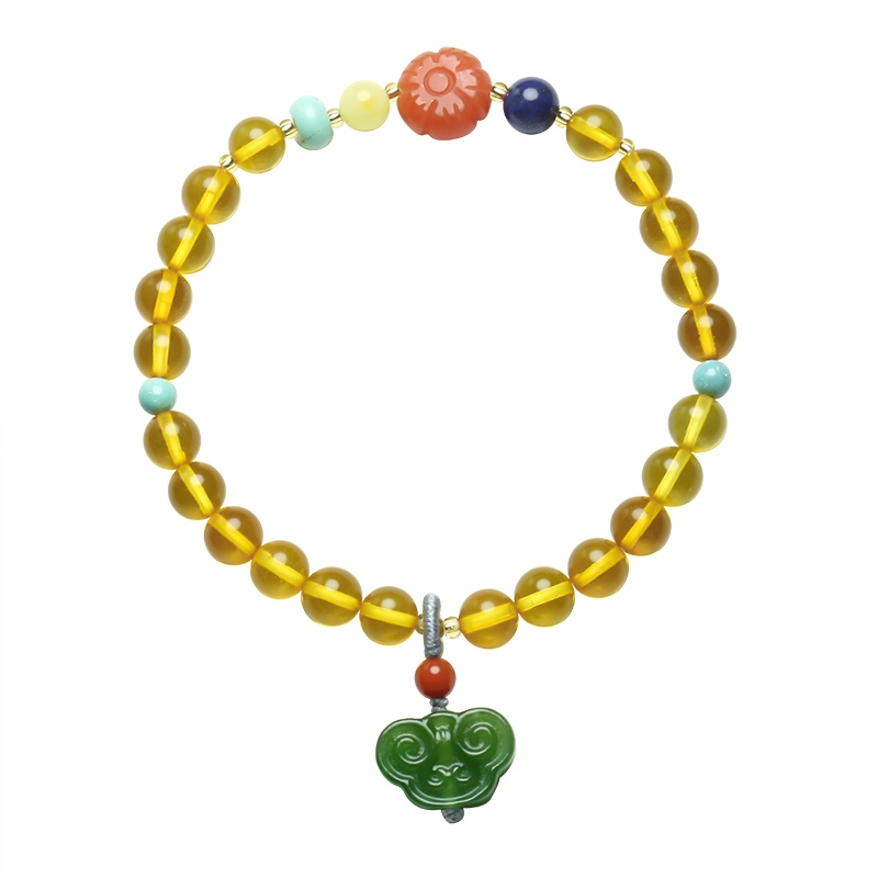 印象眸 琥珀手串 圆珠搭配和田玉碧玉如意女款手链 附送证书