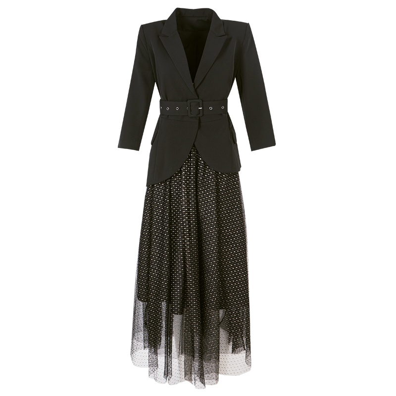 晚白2021春季新品两件套修身小西装外套纱纱裙半裙时尚套装裙女