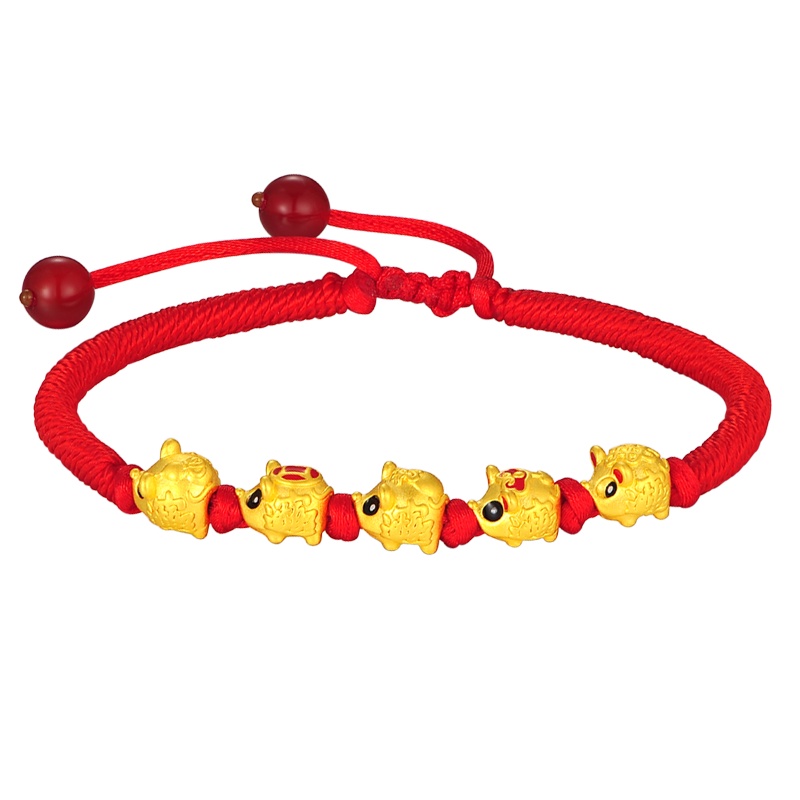 蒂蔻 五福鼠烤漆黄金手链小孩款编织红绳拉伸款可爱小老鼠生肖3D硬足金手饰新年礼物送宝宝婴儿