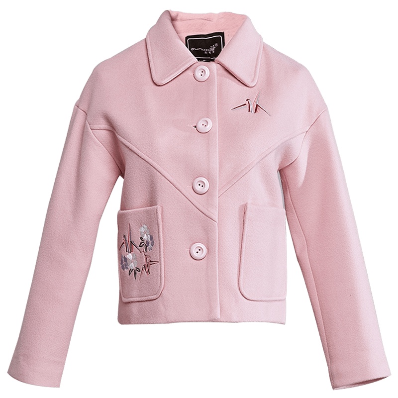 欧昵雪秋冬翻领绣花显瘦短款毛呢外套女宽松长袖呢子大衣