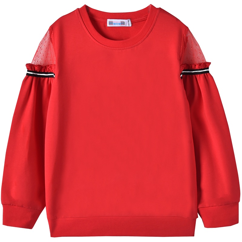 [8折价:28.8元]铅笔俱乐部童装春秋新款女童圆领长袖T恤灯笼袖网纱露肩拼接