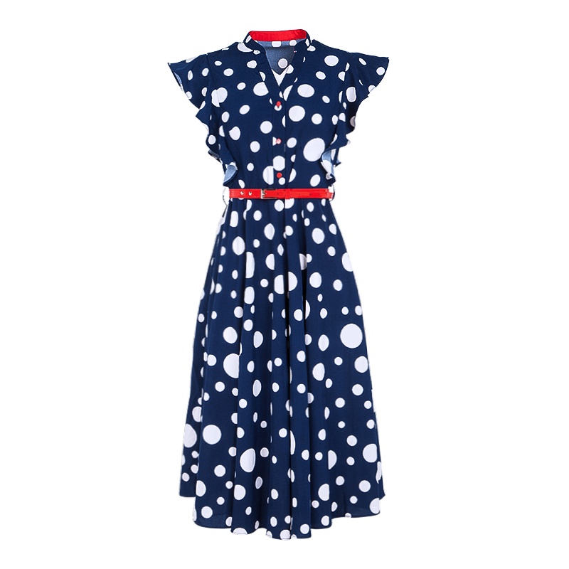 晚白 2019夏季新品波点印花V领单排扣收腰中长款大摆雪纺连衣裙女