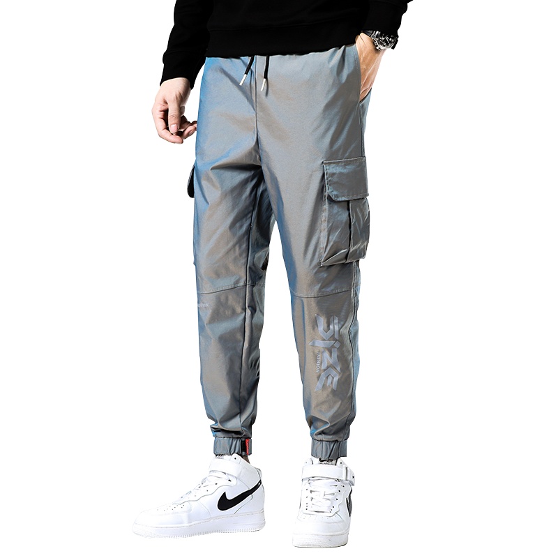 蓝缕金(LANLVJIN)男士休闲裤春秋季2021新品松紧系带束脚裤青少年拼色印花宽松运动裤韩版休闲学生男裤子