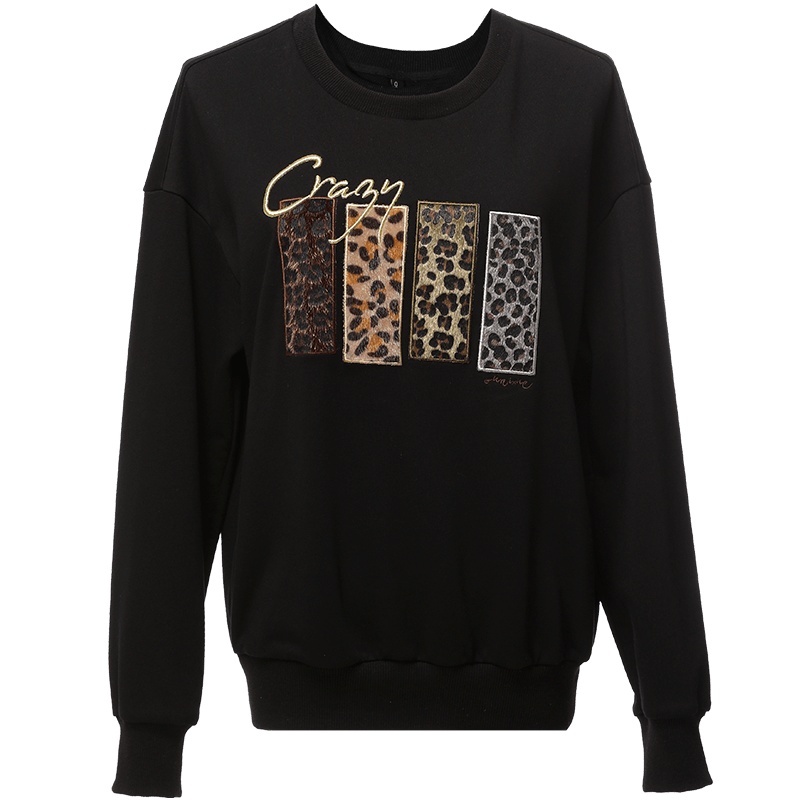 欧昵雪罗纹圆领套头豹纹宽松卫衣女字母绣花长袖上衣