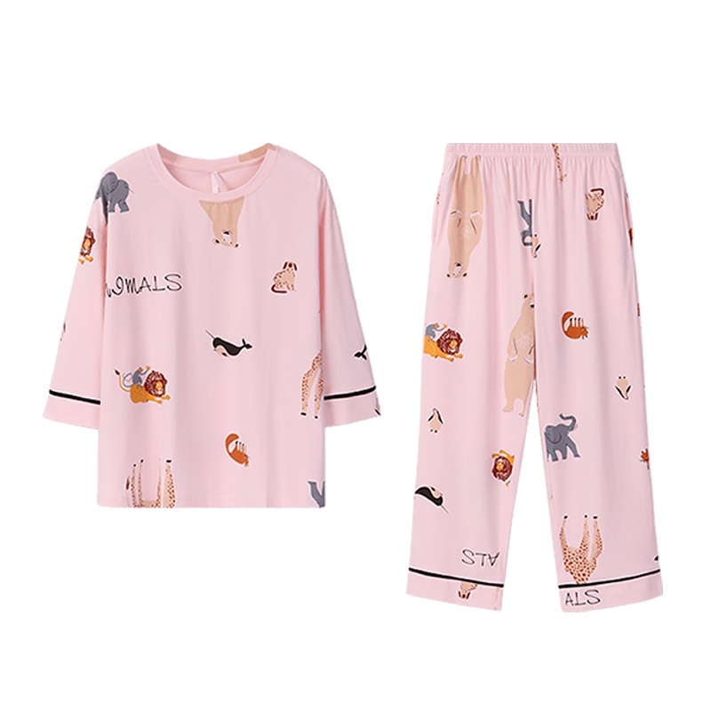 安之伴睡衣女春纯棉弹力针织印花七分袖女套装