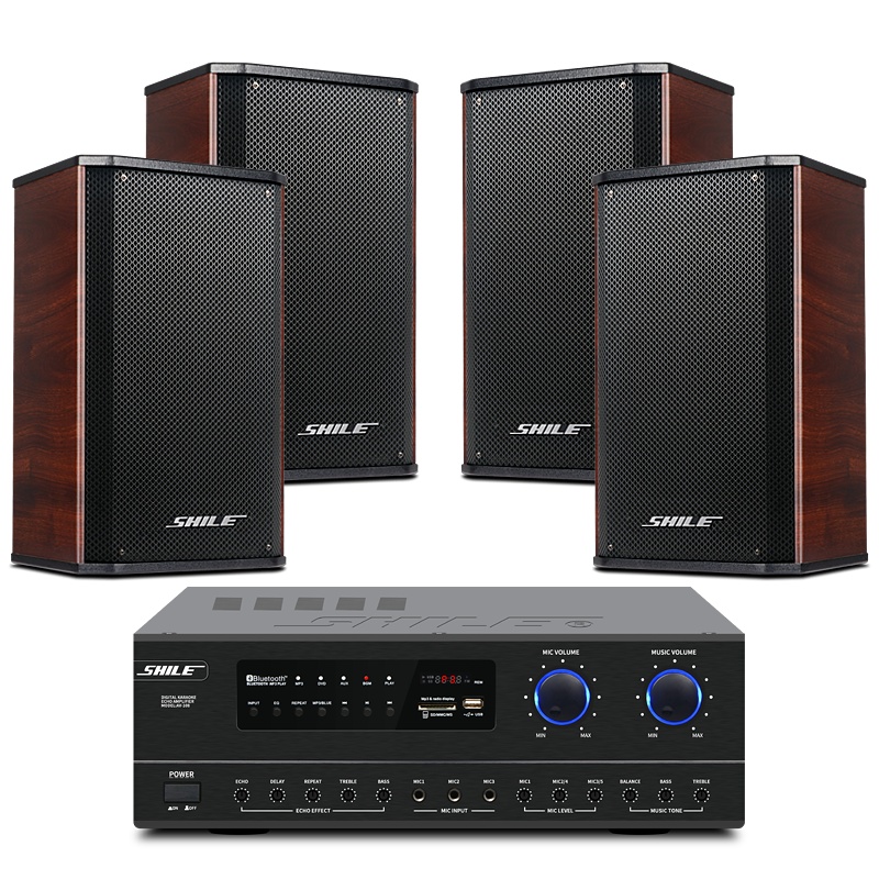 狮乐会议音响套装 专业合并式定阻功放壁挂音箱组合 ktv家庭影院、培训室、教室、店铺背景音 AV108+108*4红