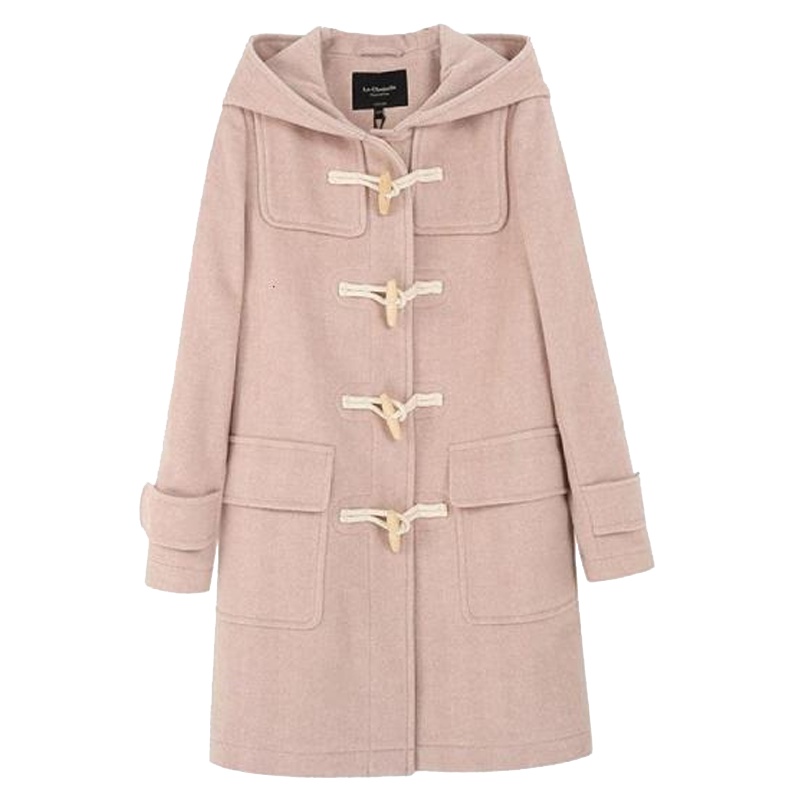 【专柜同款】拉夏贝尔秋冬毛呢外套日系学院连帽牛角扣中长款呢子外套10017969