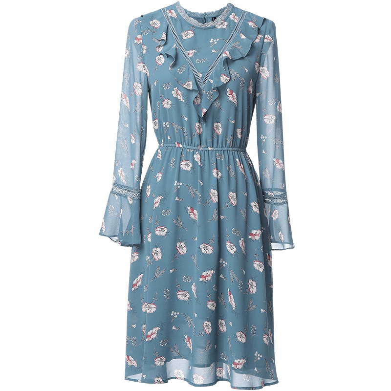 欧昵雪春装圆领荷叶边喇叭袖高腰碎花雪纺连衣裙女气质