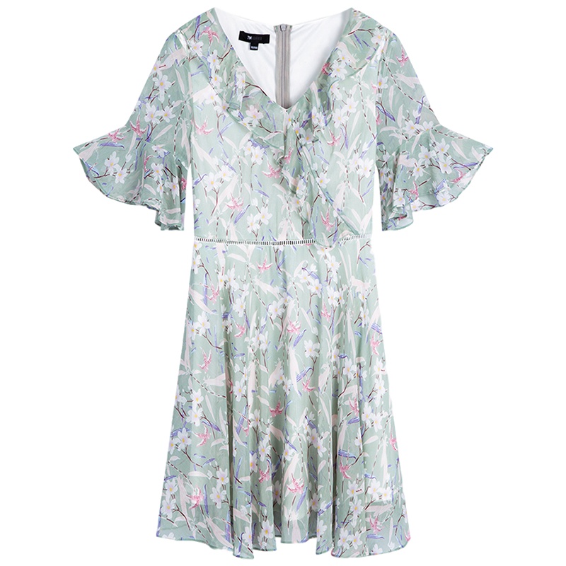 拉夏贝尔雪纺夏新款韩版收腰印花v领荷叶袖沙滩裙a字碎花连衣裙子 印花混色 S