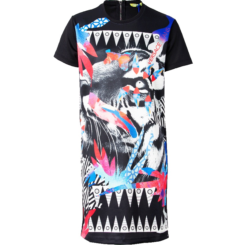 Versace jeans范思哲VJ女士短袖中长款微弹印花连衣裙【官方验货