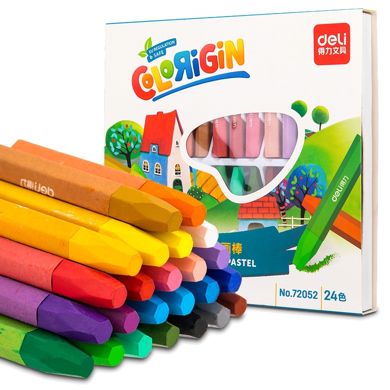 得力画笔小学生美术绘画涂色油画棒盒装带手提收纳水溶24色幼儿园安全无毒可水洗画画蜡笔72052油画笔彩绘棒