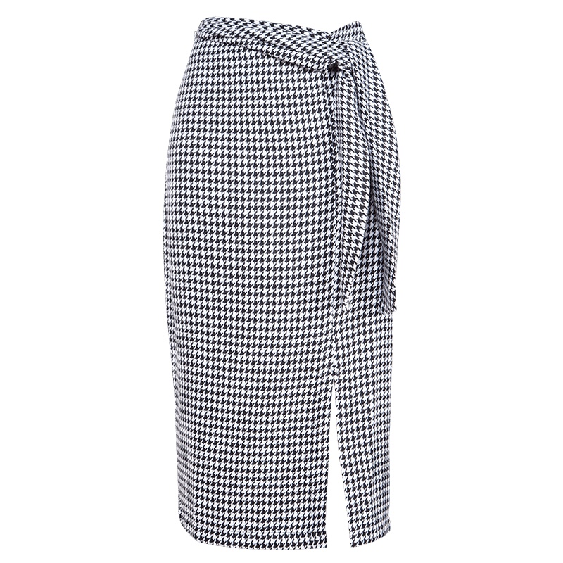 晚白2019秋季新品时尚通勤复古格子系带收腰包臀及膝职业半身裙女