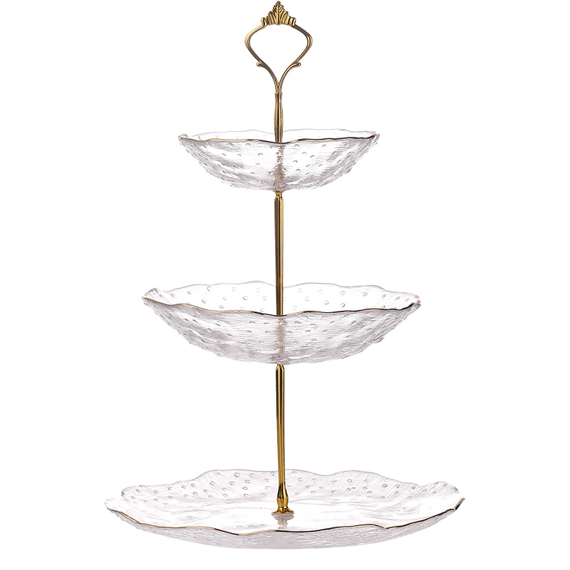 青苹果玻璃餐具托盘水果果盘三层镶边金色玻璃果盘厨具托盘