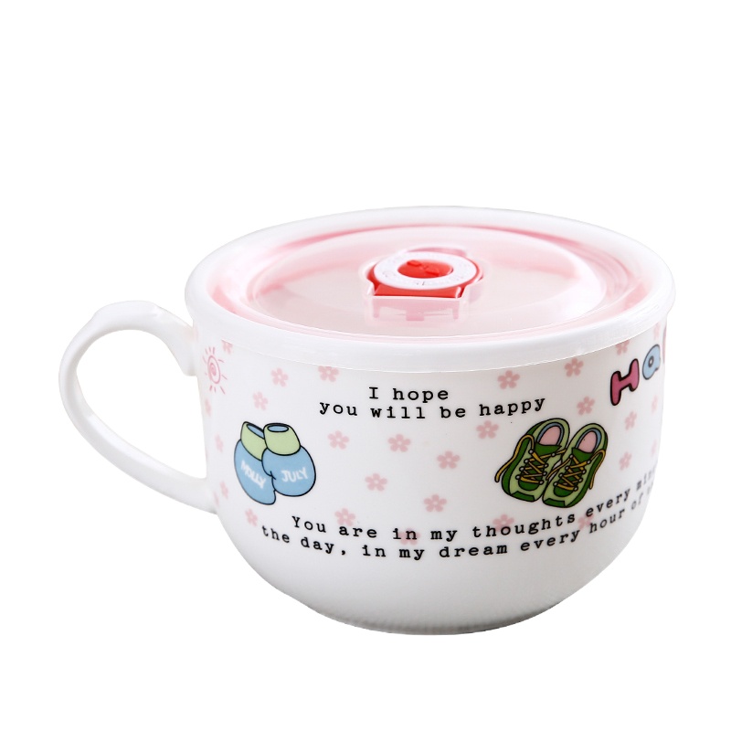 日式陶瓷汤面碗可爱创意卡通泡面杯带盖带把饭碗筷便当饭盒套装 女孩 敬平