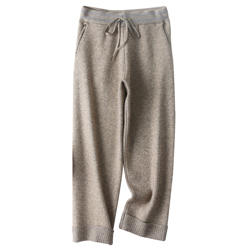 绒媛RNJRK10,2021早秋新款针织阔腿裤女宽松显瘦百搭休闲纯色简约抽条运动长