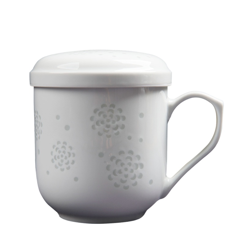 景德镇茶杯陶瓷茶水分离办公室玲珑杯带盖过滤杯白瓷杯子泡茶杯女中号过滤杯海棠花
