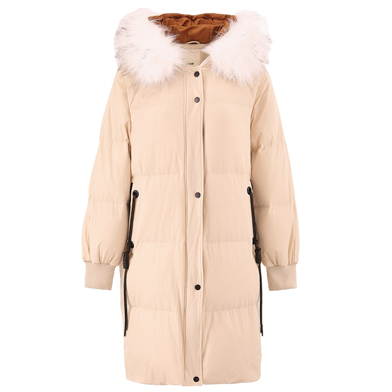 茵曼2018冬装新款大毛领连帽文艺时尚拉链口袋撞色中长款羽绒服女