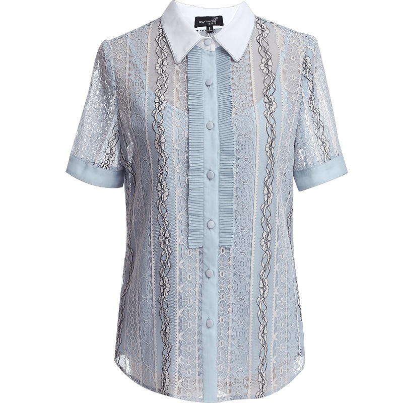 欧昵雪夏季翻领衬衫女短袖勾花镂空蕾丝衫上衣吊带两件套