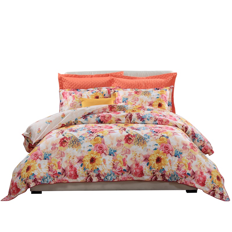 富安娜（FUANNA）家纺纯棉四件套单人纯棉全棉床单被套1.5米1.8m双人田园被套