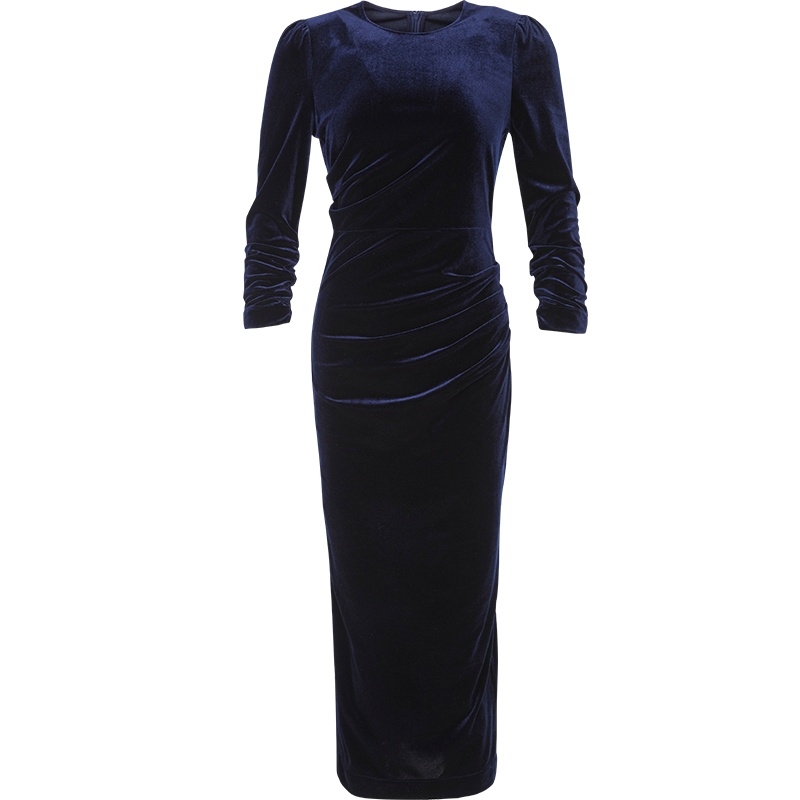 晚白2021春季新品简约纯色圆领修身显瘦高腰包臀裙丝绒连衣裙女