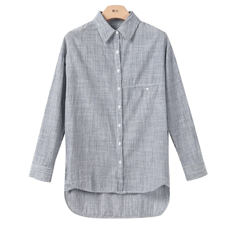 晚白2020春季新品通勤简约条纹POLO领单排扣宽松休闲长袖全棉衬衫女