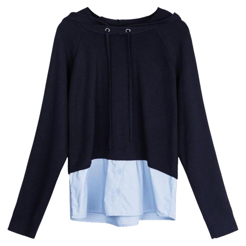 【热卖】假两件连帽套头针织衫女新款宽松修身薄款bf长袖短款上衣卫衣20011602