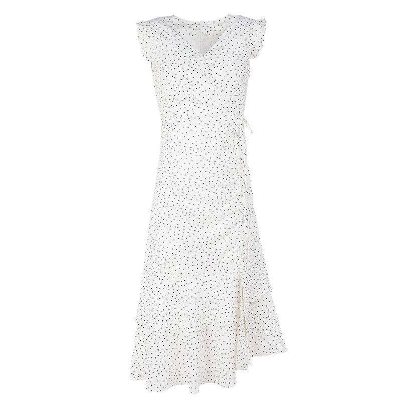 晩白 新款修身V领不规则荷叶边A字波点印花雪纺连衣裙女