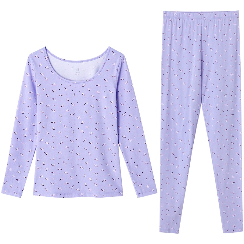 爱帝女士保暖内衣薄款小清新印花 圆领防寒打底秋衣秋裤套装