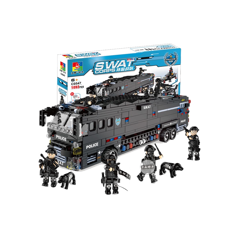 沃马积木玩具特警暴风号机动作战巴士男孩拼装警察系列汽车C0547