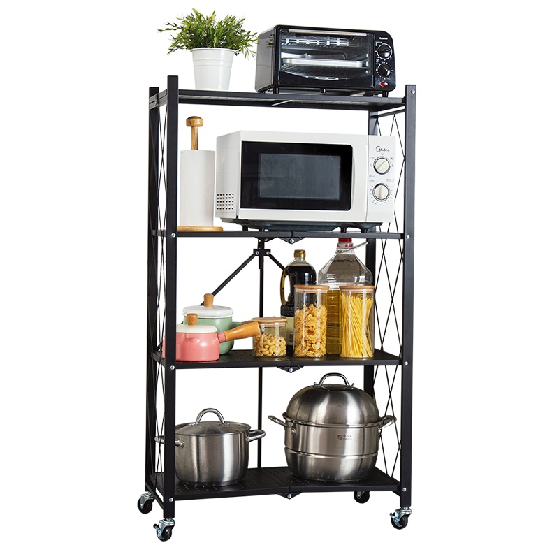 欧润哲 置物架 可折叠多层架厨房微波炉烤箱储物架 落地免安装折叠带轮四层收纳层架