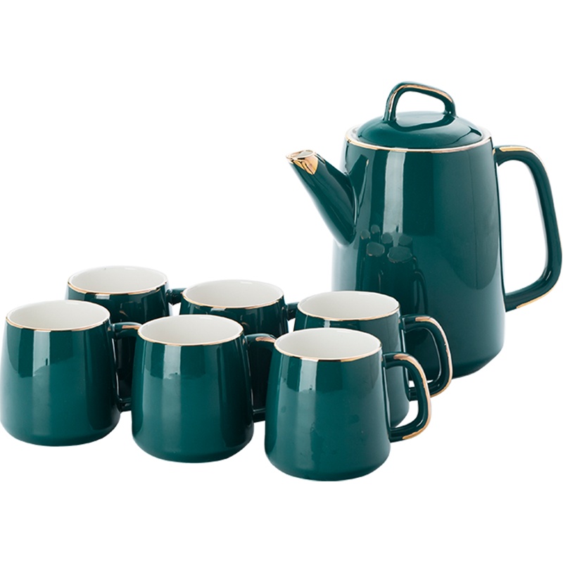 麦可可 北欧轻奢手工描金陶瓷凉水壶耐热茶具简约水具托盘套装水具家用 送礼结婚礼品礼盒(孔雀蓝一壶六杯)