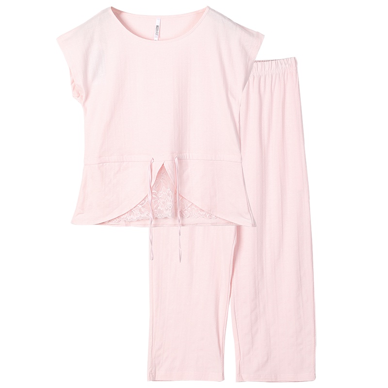 红豆居家Hodohome睡衣女短袖V领棉质薄款韩版清新短袖抽绳家居服套装